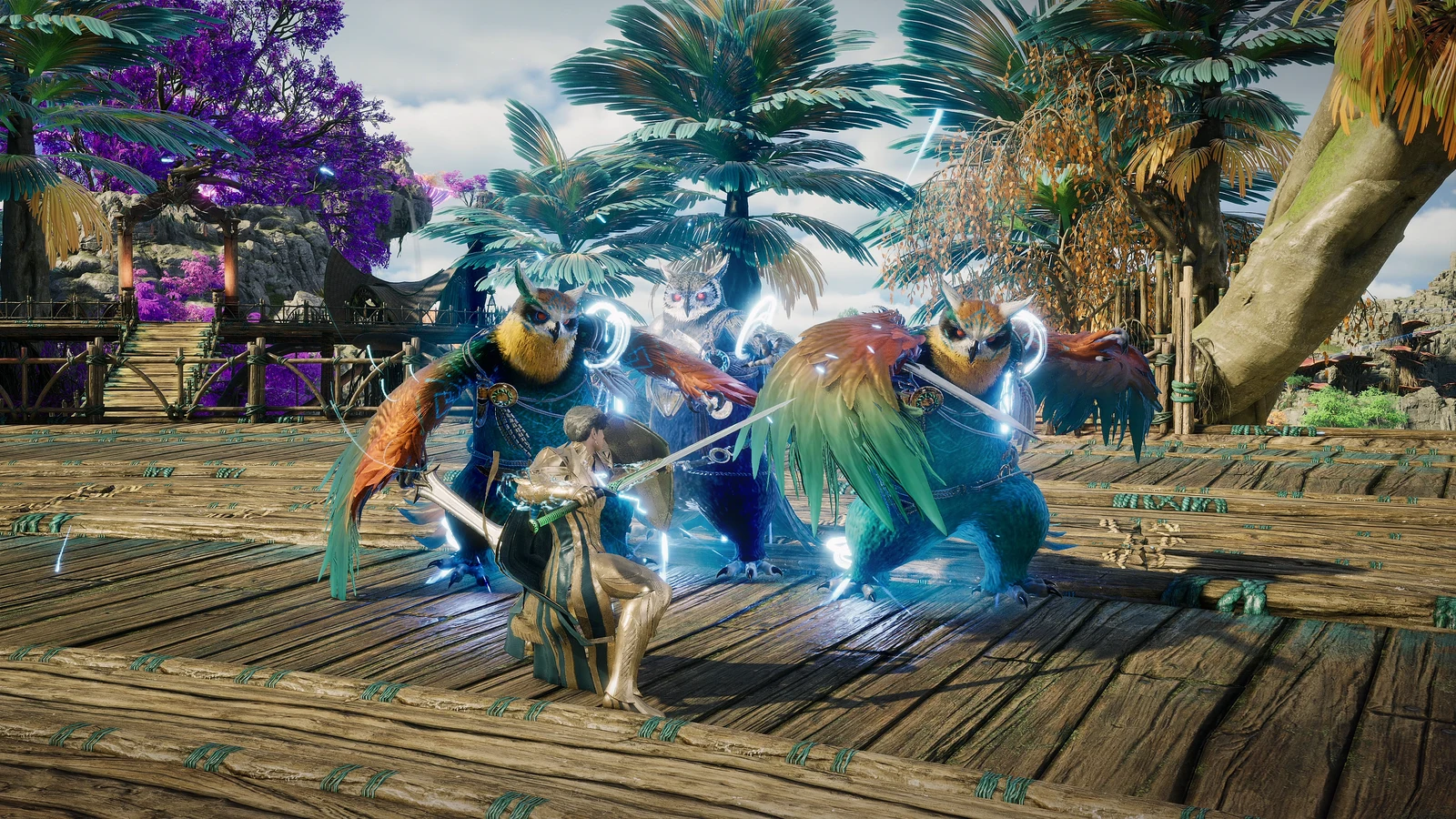 AION2公式戦闘スクリーンショット。木の足場でプレイヤーが鳥型の敵と戦っている。