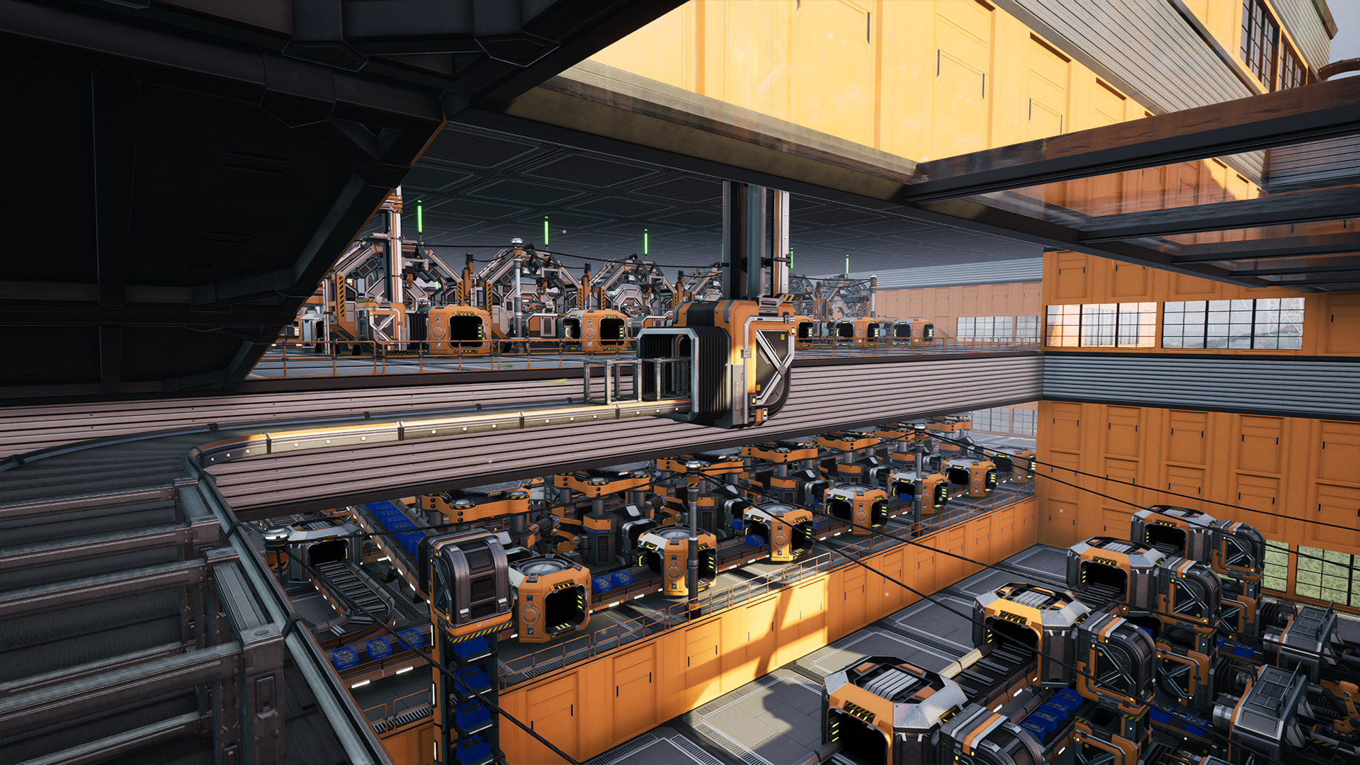 Satisfactoryの工場内に並ぶ設備とベルト。公式1.0プレスキットの画像。