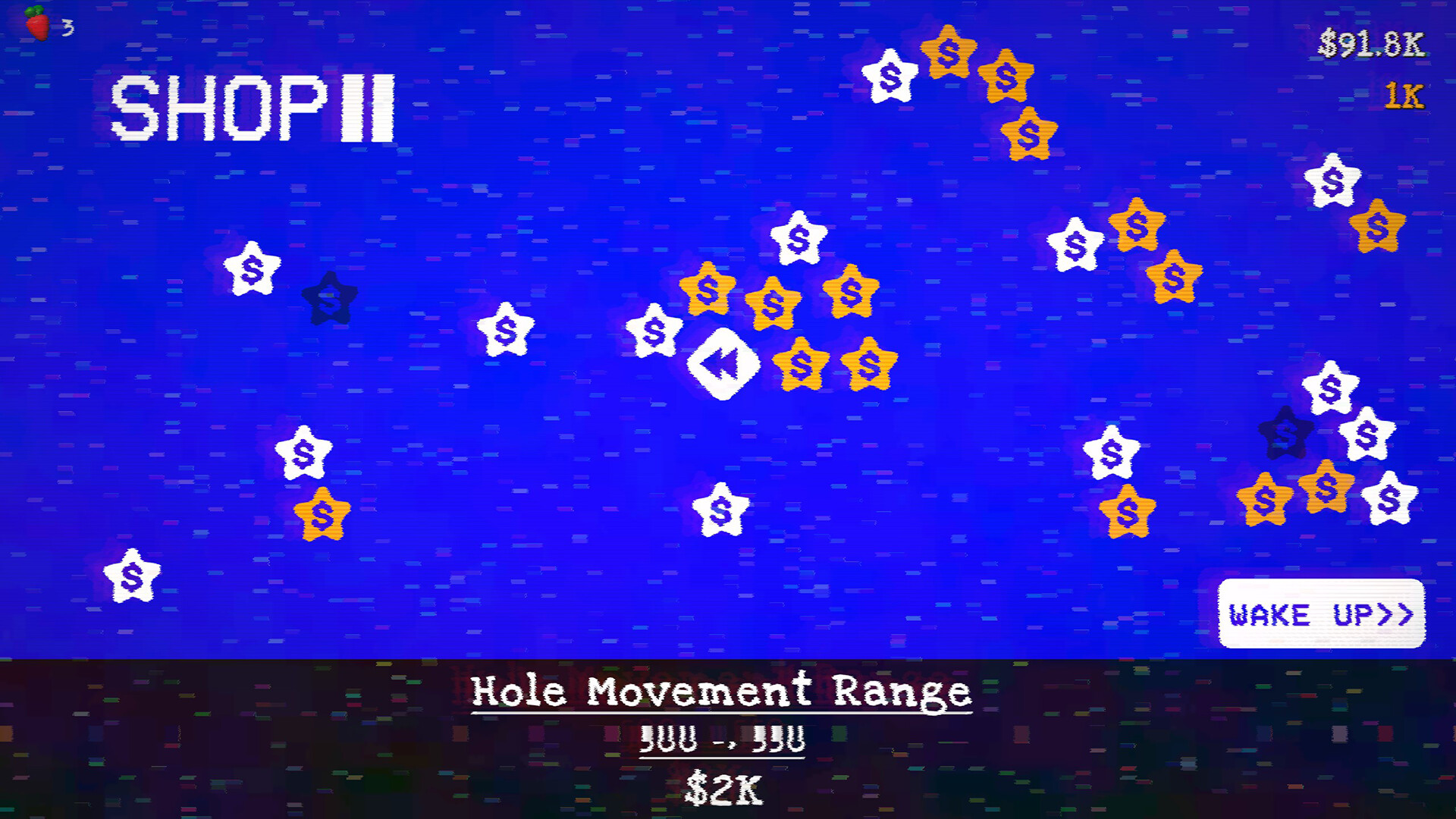 SHOP IIでHole Movement Rangeが選ばれ、画面下に強化前後の数値と価格が表示されている