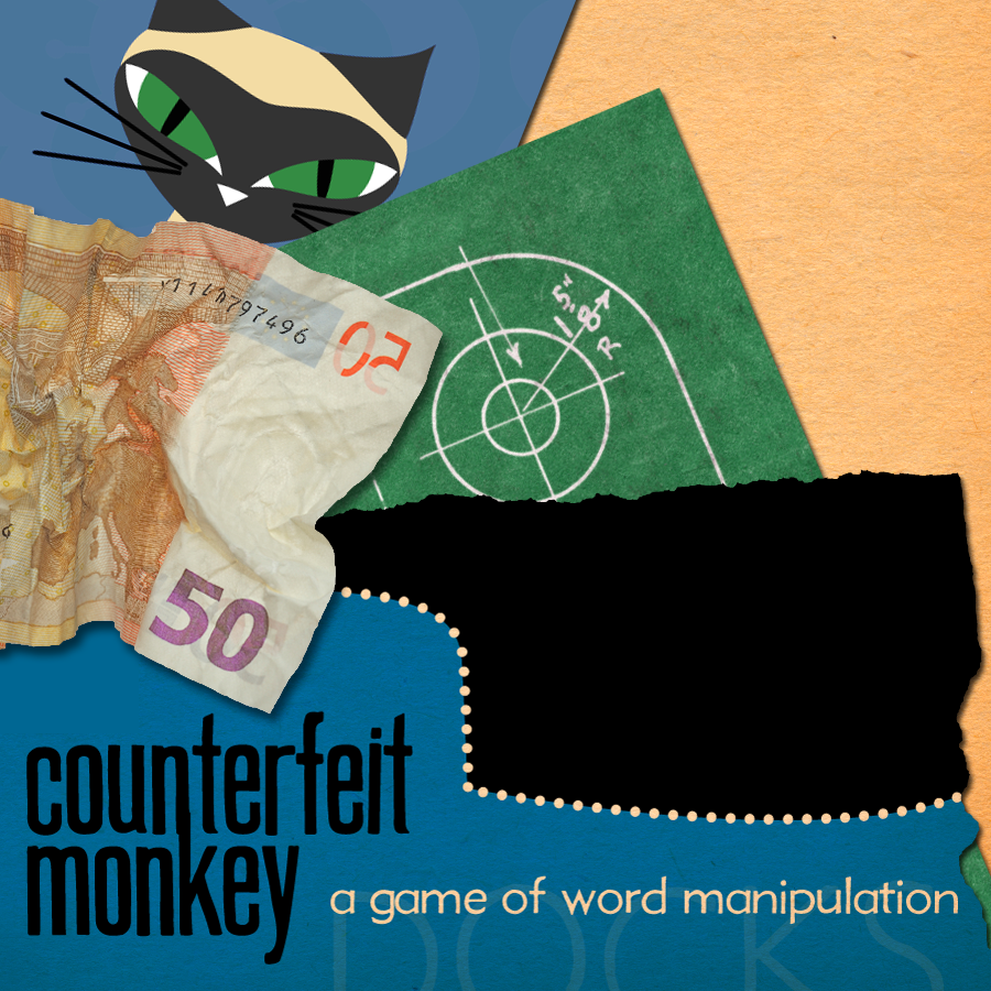 Counterfeit Monkeyの公式カバー。猫、紙幣、図面と作品名。